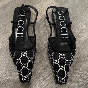 Gucci Demi GG Crystal Mesh Black Silver Slingback Flat